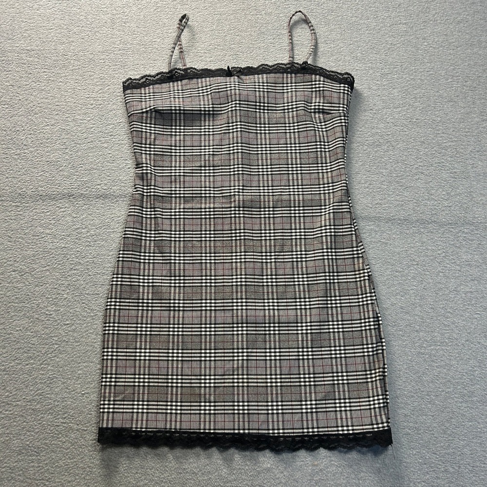 Windsor Bodycon Mini Dress‎ Womens Large Plaid Lace Trim Stretch Cami Y2K Party